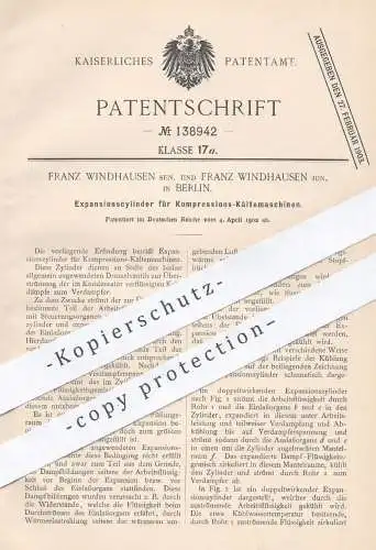 original Patent - Franz Windhausen Sen. & Jun. , Berlin , 1902 , Expansionszylinder für Kompressions - Kältemaschinen !!