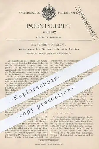 original Patent - E. Stauber , Hamburg , 1891 , Verkokungsofen | Koks , Kohle , Ofen , Öfen , Ofenbauer , Brennstoffe