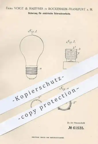 original Patent - Voigt & Haeffner , Frankfurt / Bockenheim , 1891 , Sicherung für elektr. Schraubkontakte | Elektriker