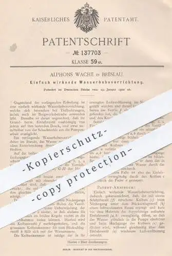 original Patent - Alphons Wache , Breslau , 1902 , Wasserhebevorrichtung | Wasser , Bergwerk , Wasserkraft , Aufzug !!