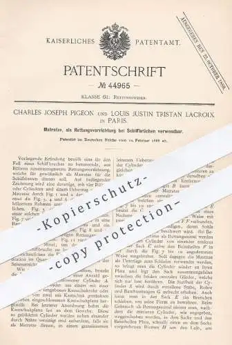 original Patent - Charles Joseph Pigeon , Louis Justin Tristan Lacroix , Paris , 1888 , Matratze zur Rettung auf Schiff