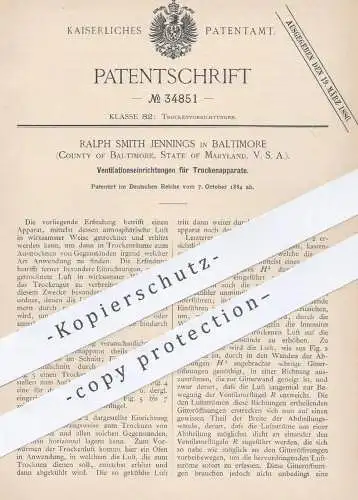 original Patent - Ralph Smith Jennings , Baltimore ,  Maryland , USA , 1884 , Ventilation für Trockner | Ventilator