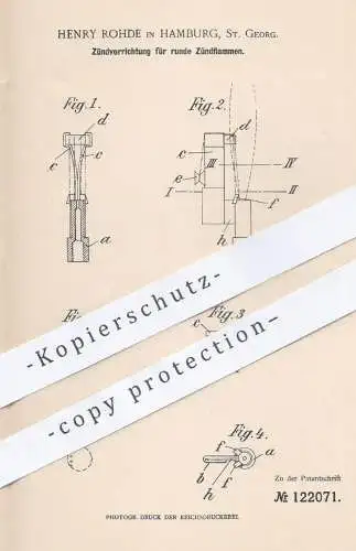 original Patent - Henry Rohde , Hamburg / St. Georg , 1899 , Zündung für runde Zündflammen | Zündpillen , Gas , Brenner