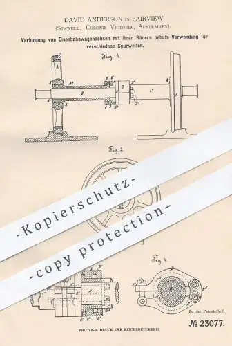 original Patent - David Anderson , Fairview , Stawell , Victoria , Australien 1882 , Verbindung von Eisenbahn - Achsen