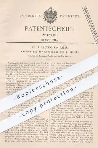 original Patent - Ch. L. Langlois , Paris , 1901 , Erzeugung von Blitzlicht | Fotokamera , Kamera , Foto , Fotograf !!