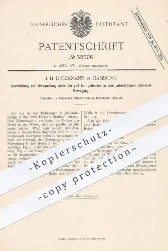 original Patent - J. H. Dreckmann , Hamburg , 1884 , Umwandlung in rotierende Bewegung | Rotation , Maschinen , Motor !!