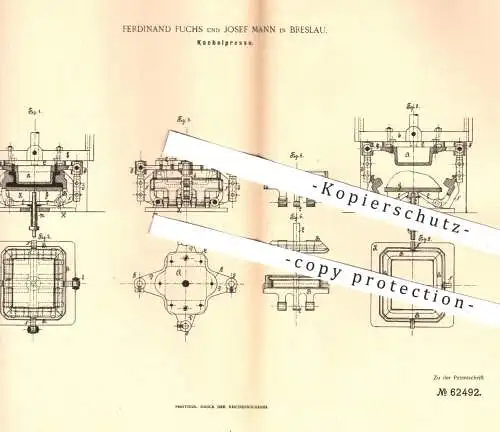 original Patent - Ferdinand Fuchs u. Josef Mann , Breslau , 1891 , Kachelpresse | Presse für Kacheln | Ton , Pressen !