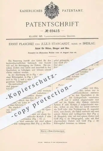 original Patent - Ernst Plaschke und Julius Stargardt in Breslau , 1892 , Gabel für Rüben , Dünger , Heu | Heugabel !!