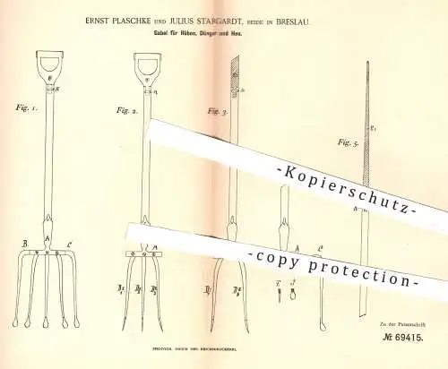 original Patent - Ernst Plaschke und Julius Stargardt in Breslau , 1892 , Gabel für Rüben , Dünger , Heu | Heugabel !!