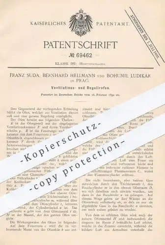 original Patent - Franz Suda , Bernhard Hellmann , Bohumil Ludikar / Prag 1892 , Ventilationsofen , Regulierofen | Ofen