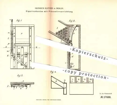 original Patent - Heinrich Kather in Berlin , 1884 , Zigarrenkasten zur Präsentation | Zigarre , Rauchen , Tabak !!!