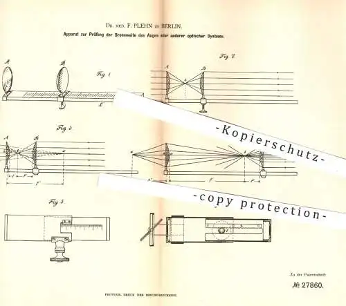 original Patent - Dr. med. F. Plehn , Berlin 1884 , Prüfung der Brennweite der Augen | Auge , Augenarzt , Optiker , Arzt