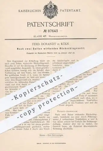 original Patent - F. Dorandt , Köln , 1896 , Zu zwei Seiten wirkendes Rückschlagventil | Ventil , Ventile , Doppelventil