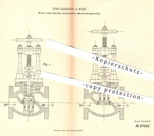 original Patent - F. Dorandt , Köln , 1896 , Zu zwei Seiten wirkendes Rückschlagventil | Ventil , Ventile , Doppelventil