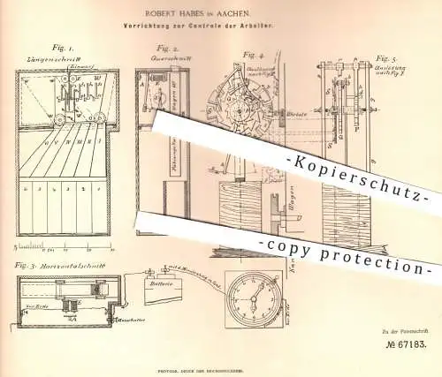 original Patent - Robert Habes , Aachen , 1892 , Kontrolle der Arbeitszeit | Uhr , Uhrwerk , Kontrolluhr , Elektromagnet