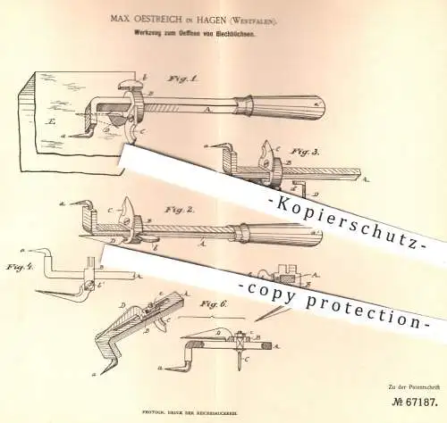 original Patent - Max Oestreich , Hagen , 1892 , Werkzeug zum Öffnen von Blechbüchsen | Dosenöffner , Werkzeuge , Dosen