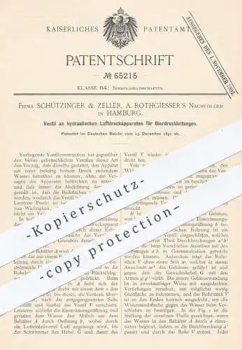 original Patent - Schützinger & Zeller | A. Rothgiesser Nachf. , Hamburg , 1891 , Ventil für Zapfanlage | Bier zapfen !!