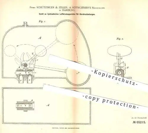 original Patent - Schützinger & Zeller | A. Rothgiesser Nachf. , Hamburg , 1891 , Ventil für Zapfanlage | Bier zapfen !!