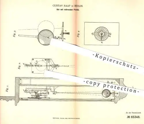 original Patent - Gustav Raap , Berlin , 1891 , Uhr mit rotierenden Pendel | Pendeluhr , Uhren , Uhrwerk , Uhrmacher !!