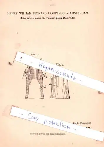 original Patent - Henry William Leonard Couperus in Amsterdam , 1898 , Schankgeräthe !!!