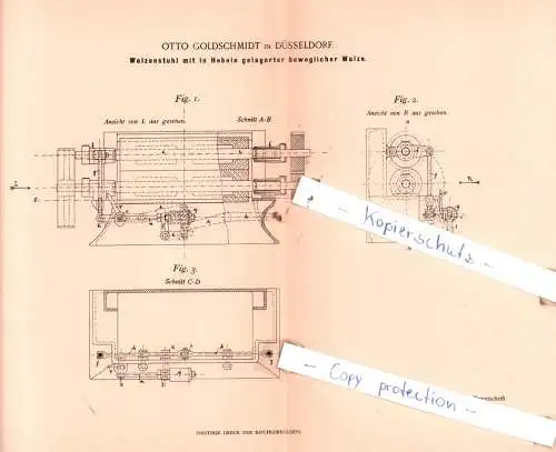 original Patent - Otto Goldschmidt in Düsseldorf , 1898 , Walzenstuhl mit in Hebeln gelagerter Walze !!!