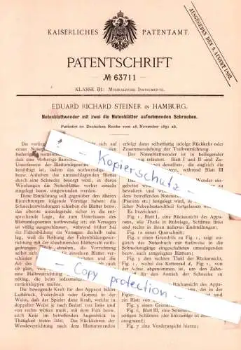 original Patent - Eduard Richard Steiner in Hamburg , 1891 , Notenblattwender !!!