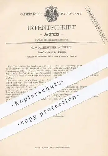 original Patent - G. Wollenweber , Berlin , 1883 , Knopfverschluss am Schlips , Krawatte , Krawatten | Schneider , Mode