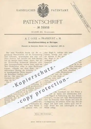 original Patent - A. T. Goll , Frankfurt  Main , 1886 , Verschluss am Ohrring | Ohrringe , Ringe , Schmuck , Goldschmied