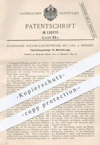 original Patent - Sächsische Akkumulatorenwerke AG , Dresden , 1899 , Anzeige der Fahrtrichtung am Motorfahrzeug | Licht