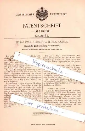 original Patent - Oskar Paul Neubert in Leipzig-Gohlis , 1901 , Elektrische Zündvorrichtung für Gaslampen !!!