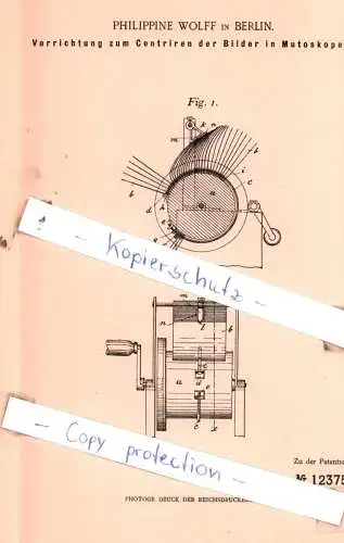 original Patent - Philippine Wolff in Berlin , 1900 ,  Centriren der Bilder in Mutoskopen !!!