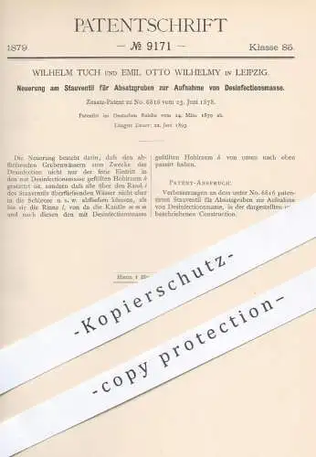 original Patent - W. Tuch u. Emil O.Wilhelmy , Leipzig , 1879 , Stauventil für Absatzgruben | Ventil , Ventile , Wasser