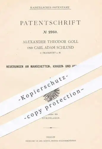 original Patent - A. Th. Goll u. C. A. Schlund , Frankfurt / Main , 1878 , Manschettenknöpfe , Knöpfe für Hemden | Knopf