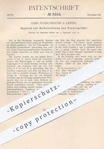 original Patent - Ferd. Fleischhauer , Leipzig , 1878 , Apparat zur Selbstrettung | Feuerwehr , Feuerwehrmann , Rettung