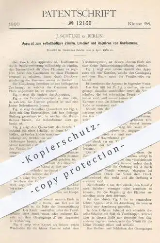 original Patent - J. Schülke , Berlin , 1880 , Zünden , Löschen u. Regulieren von Gasflammen | Gas , Brenner , Licht !!!