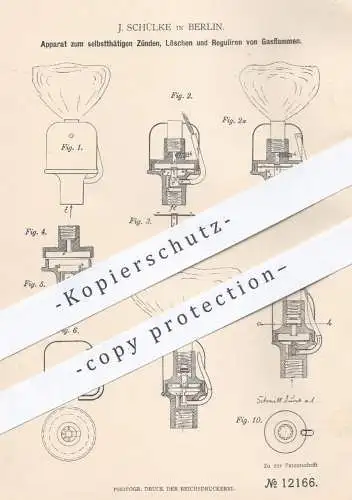 original Patent - J. Schülke , Berlin , 1880 , Zünden , Löschen u. Regulieren von Gasflammen | Gas , Brenner , Licht !!!