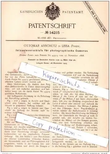 Original Patent - Ottmar Anschütz in Lissa / Leszno , Posen , 1890 , Jaousieverschluß für Cameras !!!