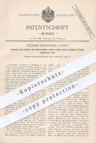 original Patent - Stephan Drzewiecki , Paris , 1895 , Fahrrad mit Antrieb der Hinterradnabe | Fahrräder , Zahnkranz !!