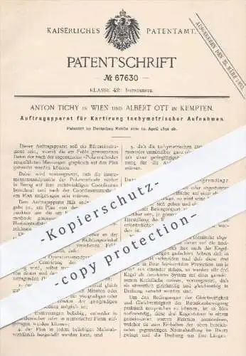 original Patent - A. Tichy , Wien u. A. Ott , Kempten , 1892 , Auftragapparat für Kartierung tachymetrischer Aufnahmen !