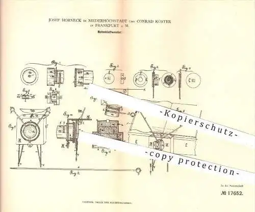 original Patent - J. Horneck , Niederhöchststadt u. Conrad Köster , Frankfurt / Main , 1881 , Notenblattwender , Musik !