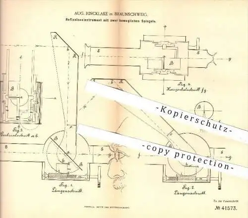 original Patent - Aug. Rincklake in Braunschweig , 1887 , Reflexionselement mit zwei beweglichen Spiegeln , Spiegel !!!