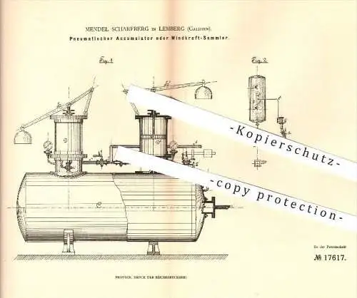 original Patent - Mendel Scharfberg in Lemberg , Galizien , 1881 , Pneumatischer Akkumulator o. Windkraft - Sammler !!!