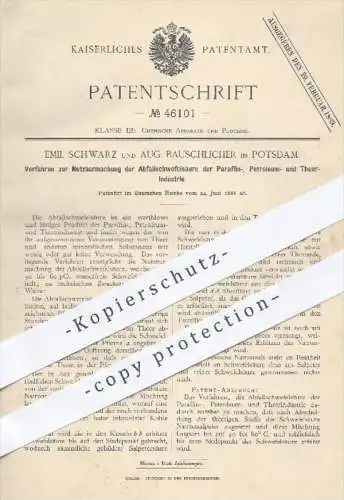 original Patent - E. Schwarz , A. Bauschlicher Potsdam 1888 , Schwefelsäure in Industrie von Paraffin , Petroleum , Teer