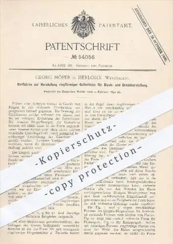 original Patent - G. Höper , Iserlohn 1890 , ringförmige Gussstücke zur Herstellung von Blech u. Draht , Gießerei , Guss