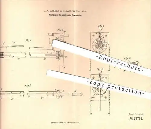 original Patent - J. A. Bakker in Haarlem , Holland , 1894 , Anordnung für elektrische Feuermelder , Feuerwehr , Feuer !