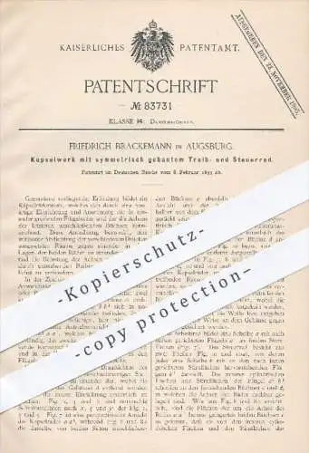 original Patent - Fr. Brackemann , Augsburg , 1893 , Kapselwerk mit symmetrischem Treibrad u. Steuerrad , Dampfmaschinen