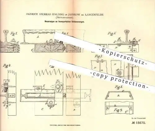 original Patent - H. A. Spalding , Jahnkow / Langenfelde , 1880 , transportable Schienenwege , Schienen , Eisenbahn !!!