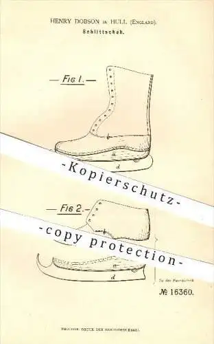 original Patent - Henry Dobson , Hull , England , 1881 , Schlittschuh , Schuh , Schuhe , Sport , Eislaufen , Wintersport