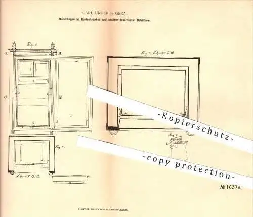 original Patent - Carl Unger , Gera , 1881 , Geldschränke und andere feuerfeste Behälter , Tresor , Safe , Panzerschrank