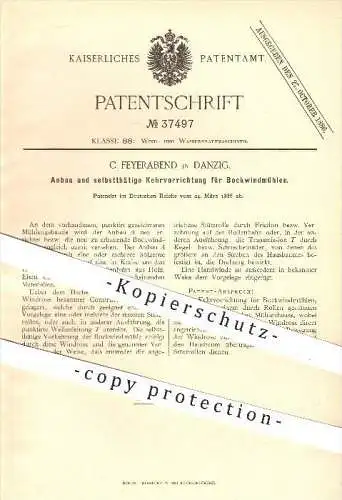 original Patent - C. Feyerabend in Danzig , 1886 , Anbau u. Kehrvorrichtung für Bockwindmühlen , Windmühlen , Mühlen